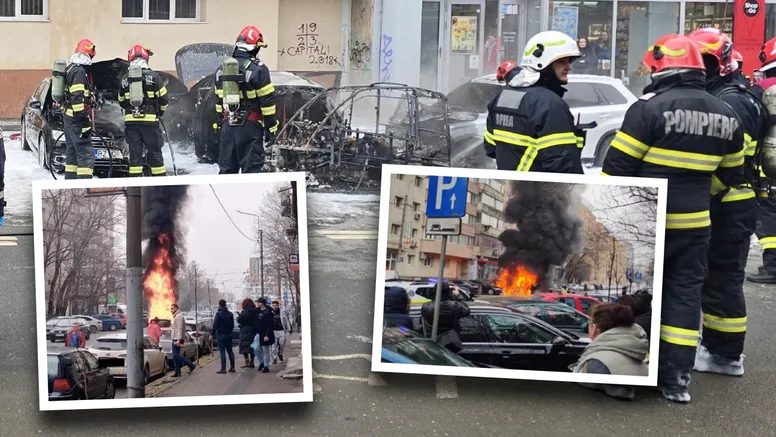Mașină electrică în flăcări pe un bulevard din București. O victimă a ajuns la spital, iar pasagerul din dreapta a murit