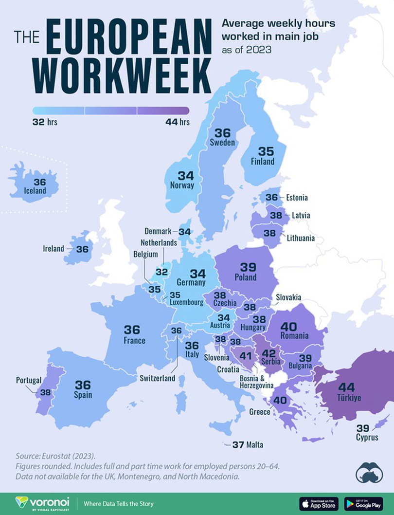 Hartă VisualCapitalist arată numărul mediu de ore lucrate săptămânal de UE