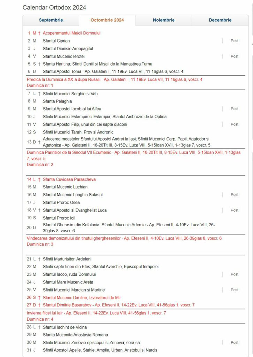 Calendar ortodox octombrie 2024