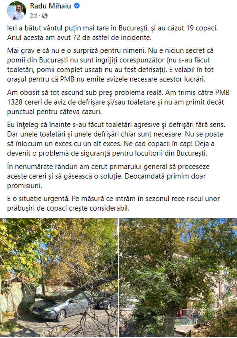 Într-o postare pe Facebook, Edilul Sectorului 2 îi reproșează lui Nicușor lentoarea în rezolvarea problemei arborilor vechi