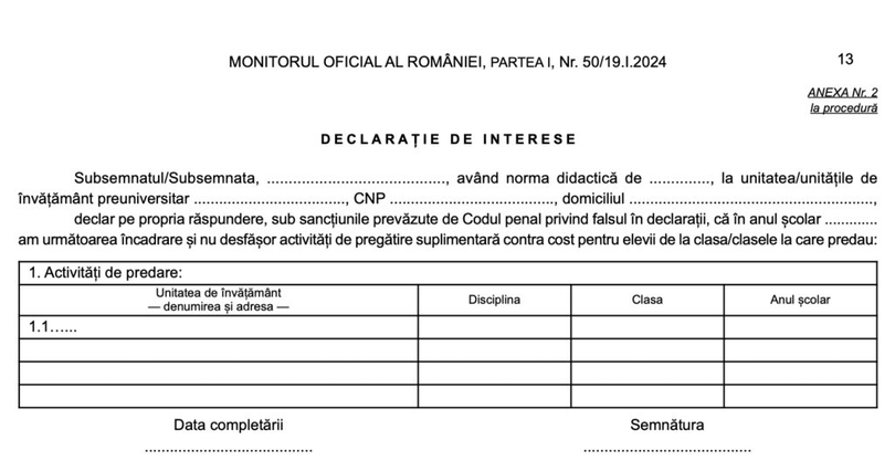 Declarația de interese pentru profesori