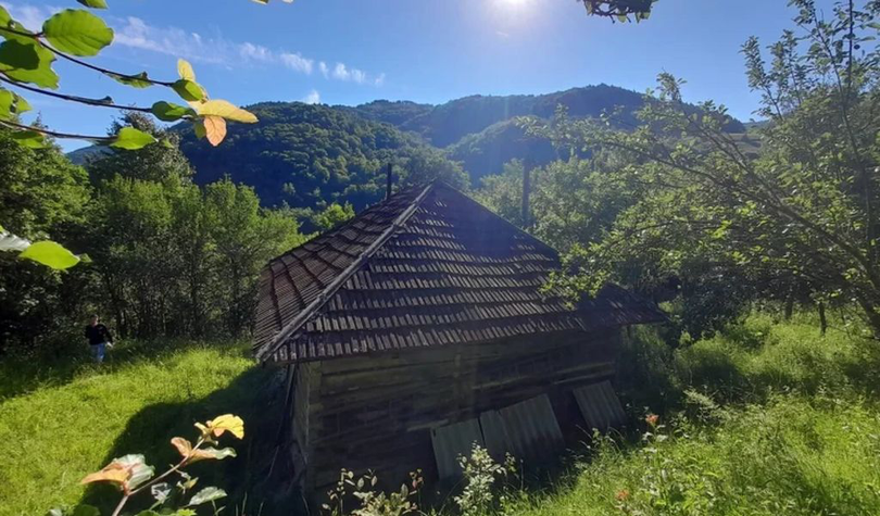Casă mică, în munți, înconjurată de verdeață