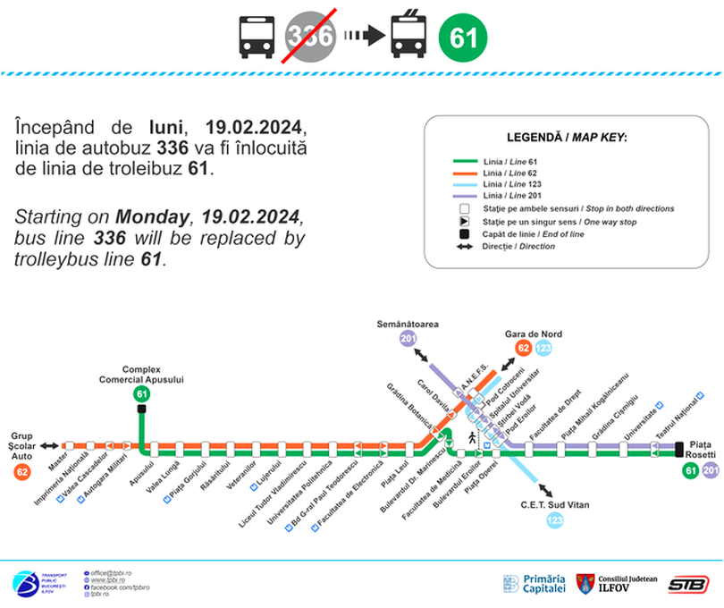 Schimbări drastice la STB: dispare autobuzul 336, traseul tramvaiului 5 și troleibuzului 61 se modifică. Câte noi mașini vor intra în circulație 