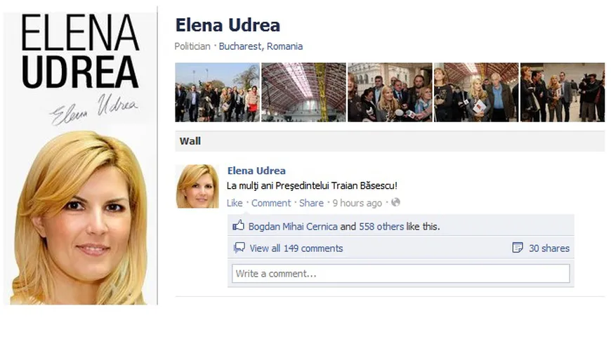 Elena Udrea l-a felicitat pe Facebook pe Traian Băsescu