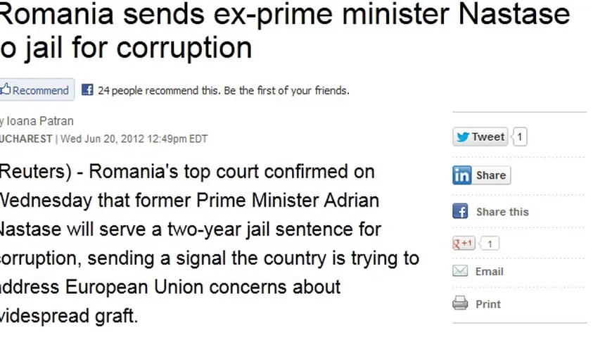 Reuters: Condamnarea lui Năstase, un semnal că România încearcă să combată corupţia