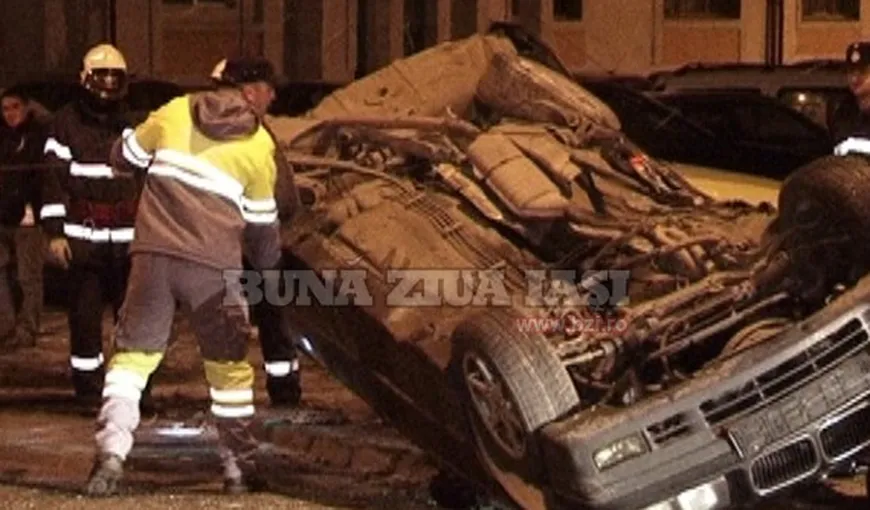 Accident cu scandal, la Iaşi: O şoferiţă beată a răsturnat maşina cu roţile în sus FOTO
