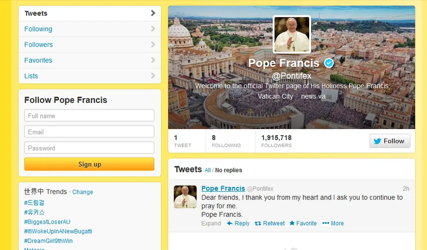 Papa Francisc a postat primul său mesaj pe Twitter