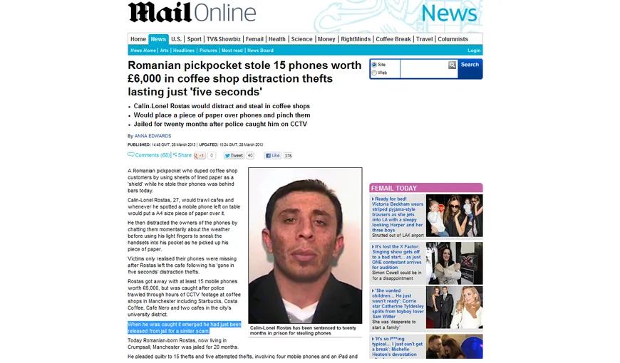 Român, arestat în Anglia pentru furt de telefoane mobile. Vezi ce metodă folosea VIDEO