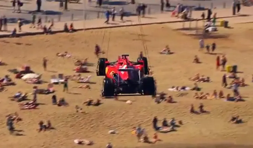 Un Ferrari zburător. Prezentare impresionantă a Marelui Premiu de Formula 1 al Spaniei VIDEO