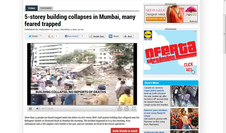 Un imobil s-a prăbuşit în oraşul indian Mumbai. Un mort şi 100 de persoane dispărute