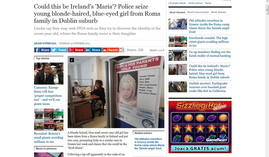 Fetiţa blondă descoperită la o familie de ţigani din Dublin este supusă testelor ADN