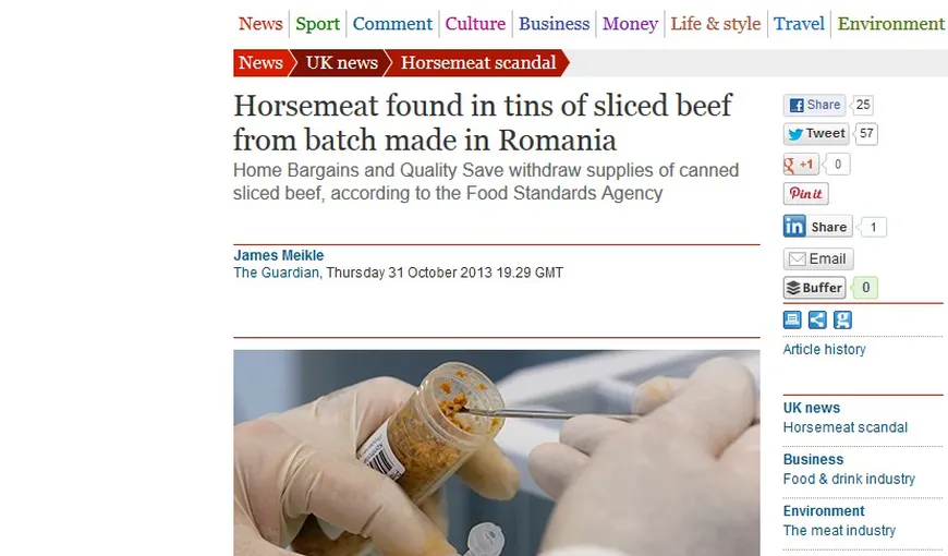 The Guardian a dezvăluit numele firmei româneşti care a produs conservele de vită cu urme de carne de cal
