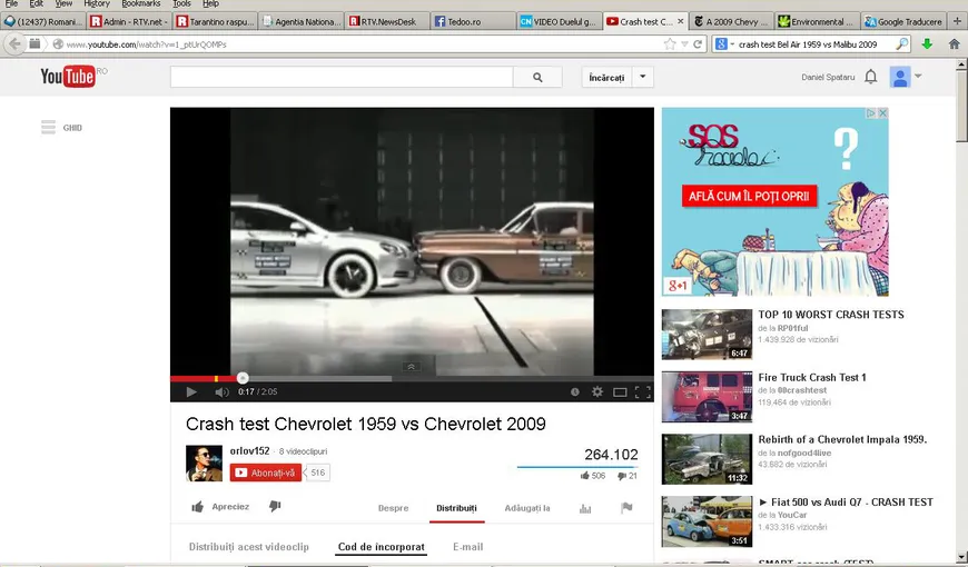 CRASH TEST, duelul generaţiilor. Rezultatul ciocnirii dintre o maşină din 2009 şi una din 1959 VIDEO