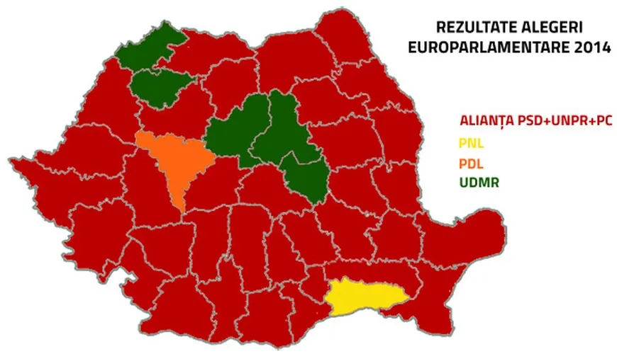 REZULTATE FINALE ALEGERI EUROPARLAMENTARE 2014. HARTA României politice, după scrutinul de duminică