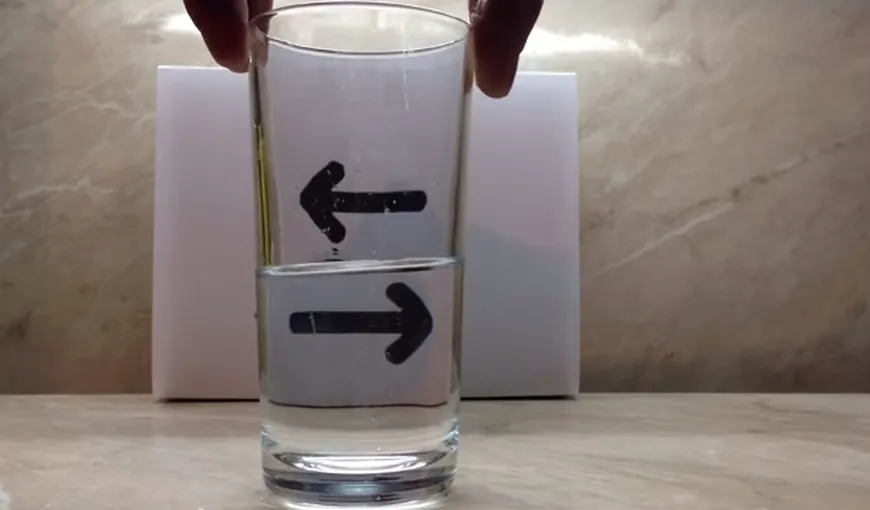 Iluzia optică din paharul cu apă: ce se întâmplă cu săgeata? VIDEO