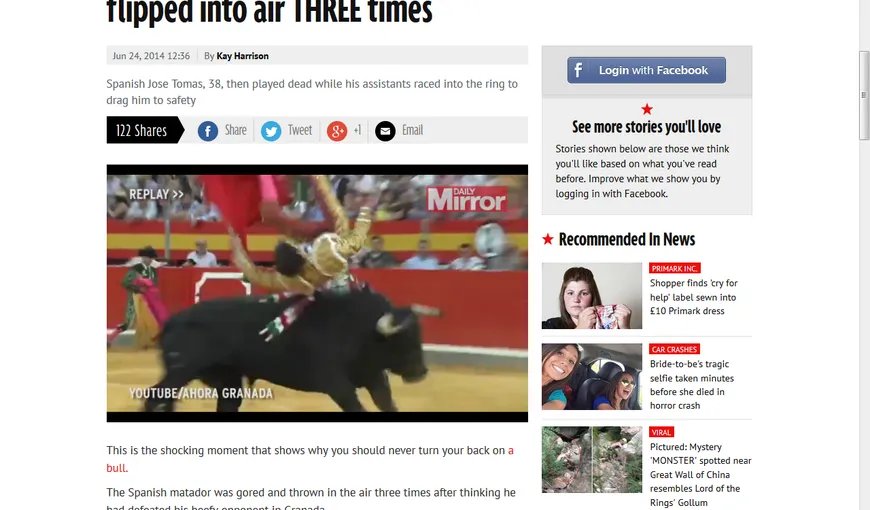 Un matador a fost ÎMPUNS de TAUR şi ARUNCAT de trei ori prin aer, dar a supravieţuit VIDEO