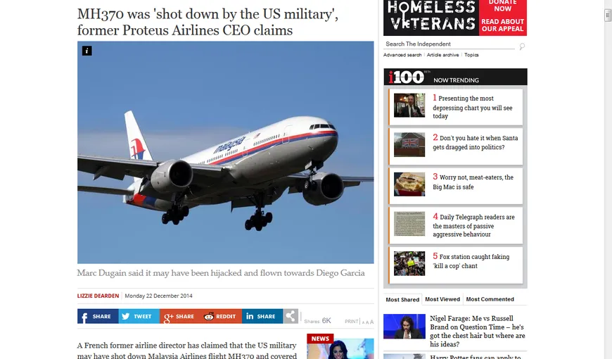Ipoteză HALUCINANTĂ în cazul avionului malaezian dispărut în ocean: AMERICANII l-au doborât