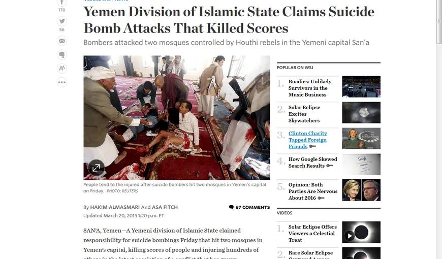Statul Islamic revendică atentatele din Yemen soldate cu 142 de morţi