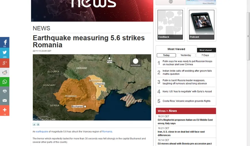 Cutremurul din România s-a simţit şi în Republica Moldova şi Ucraina