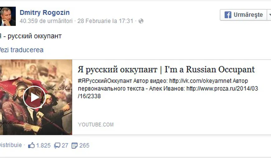 Vicepremierul rus: „Eu sunt ocupant rus. Aceasta este profesia mea şi aşa a fost de-a lungul istoriei”