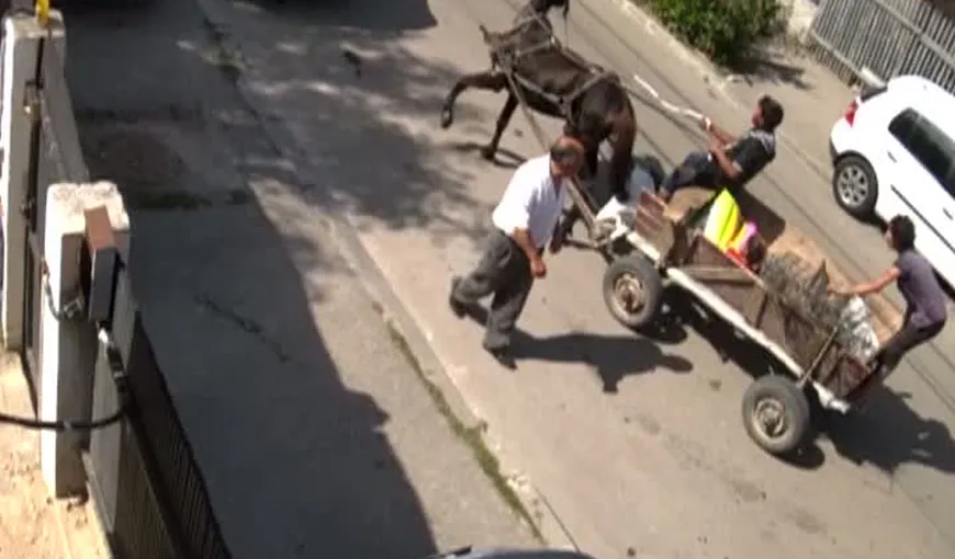 Accident la Craiova. O căruţă a intrat într-o maşină parcată pe marginea drumului VIDEO