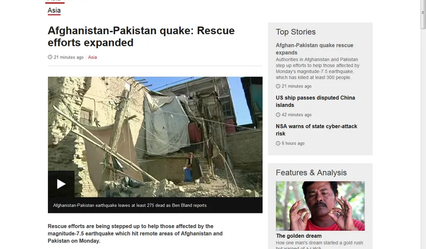 Seismul produs în Afganistan şi Pakistan a făcut peste 300 de morţi. Operaţiunile de salvare continuă
