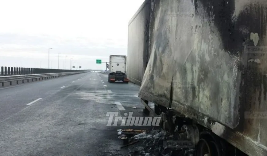 Panică pe autostradă: Un camion cu animale a luat foc
