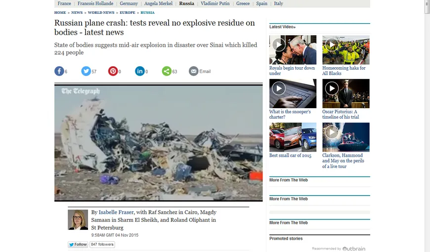 Avionul prăbuşit în Egipt: A fost detectată CĂLDURĂ în jurul aeronavei ce transporta turişti ruşi