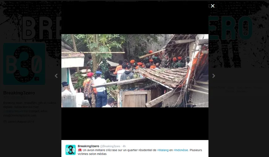 Indonezia: Un avion militar s-a prăbuşit peste o locuinţă. Trei persoane au murit