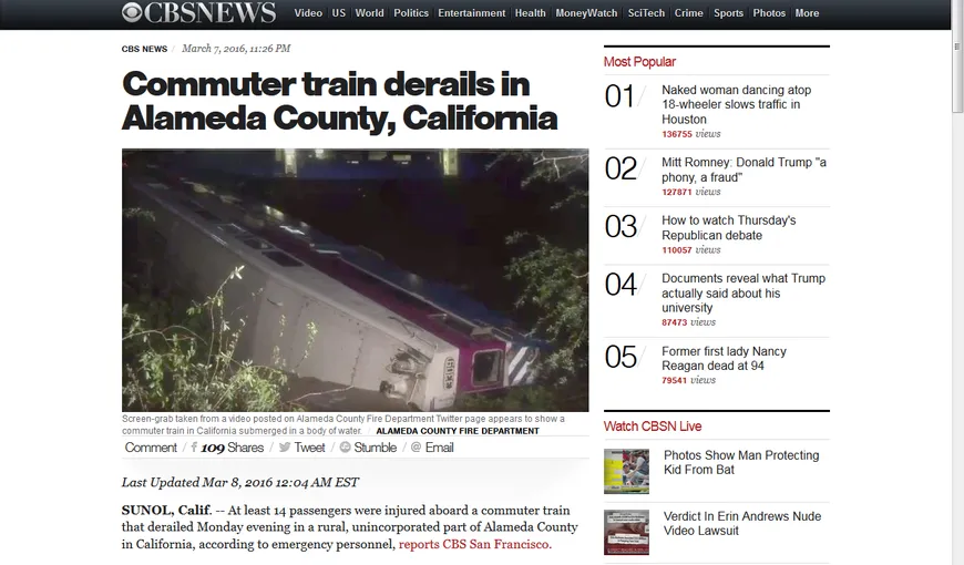 Tren deraiat în California: Cel puţin 14 persoane au fost rănite, patru fiind în stare gravă
