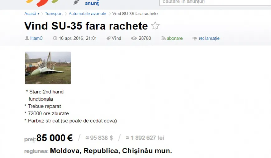 VIRAL. Un moldovean a dat anunţ pe Internet că îşi vinde avionul de luptă