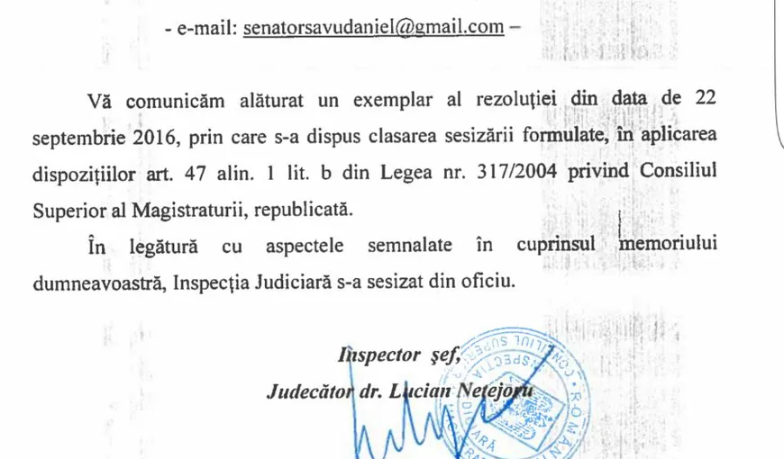 Dovada ca Inspecţia Judiciară a CSM s-a autosesizat în cazul situaţiilor de la DNA Ploieşti, legate de dosarul Ponta – Blair