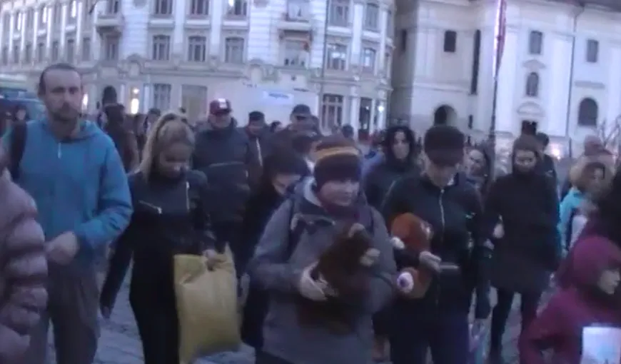 PROTEST la Sibiu faţă de împuşcarea ursului: Oamenii au cerut demisia şefului Poliţiei şi a prefectului VIDEO
