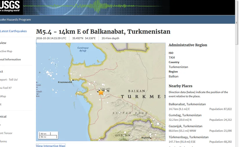 Cutremur în Turkmenistan. Seismul a fost de suprafaţă şi a avut magnitudinea 5,8