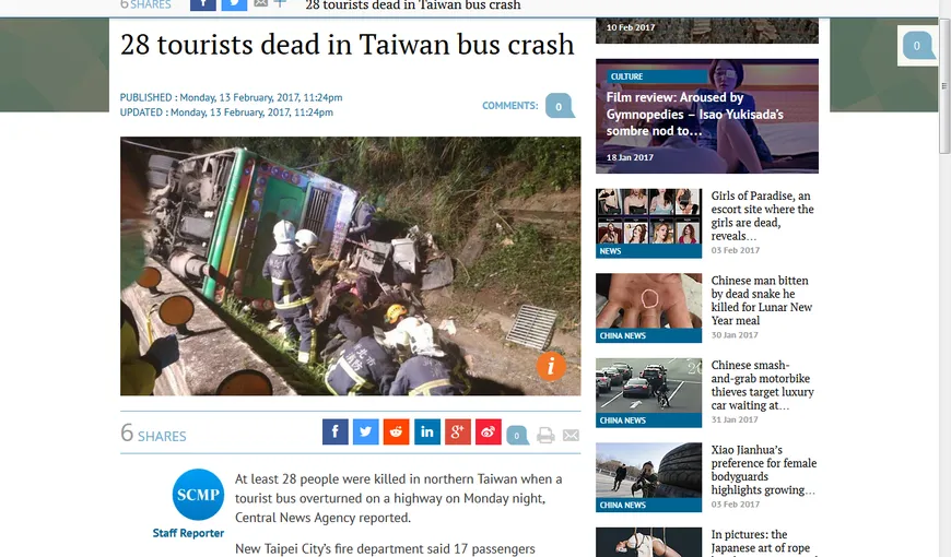 Tragedie în Taiwan: Un autocar cu turişti s-a răsturnat. Cel puţin 32 de oameni au murit
