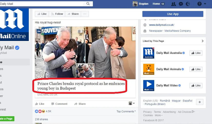 Daily Mail a mutat vizita prinţului Charles de la Bucureşti la Budapesta