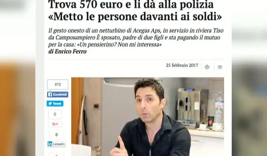 Un gunoier român i-a impresionat pe italieni după ce a găsit aproape 600 de euro şi i-a returnat