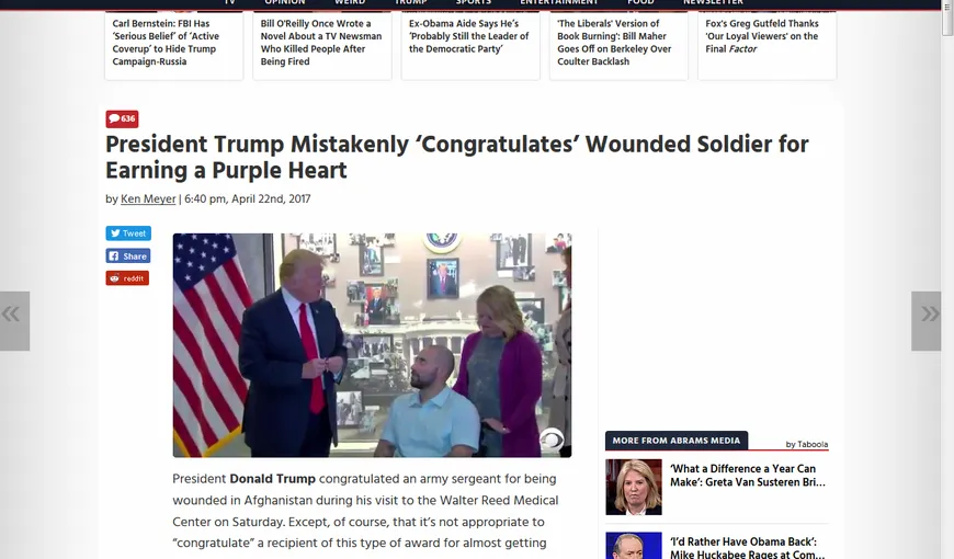 Donald Trump, în vizită la militarii răniţi. A decorat un sergent cu medalia Purple Heart