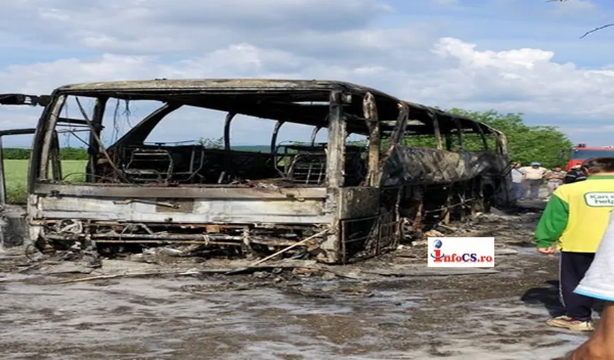 Panică pe şosea. Un autobuz cu 40 de oameni la bord a luat foc în mers, în Caraş-Severin VIDEO