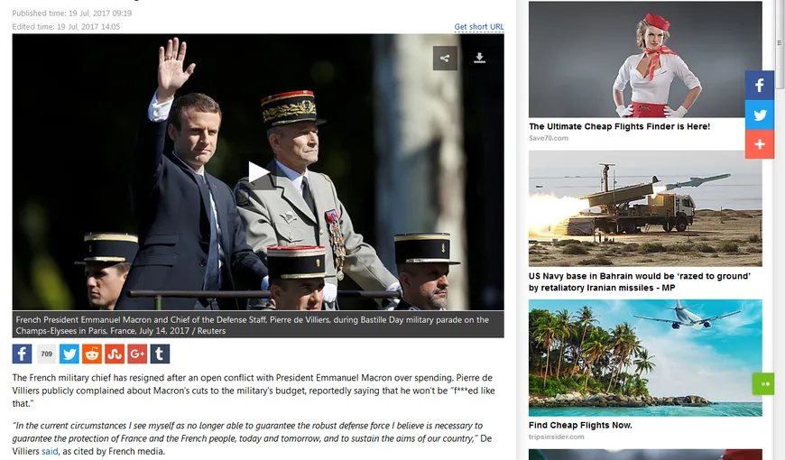 Şeful forţelor armate franceze a demisionat după o dispută cu preşedintele Macron: „Nu-l las să mă facă!”..