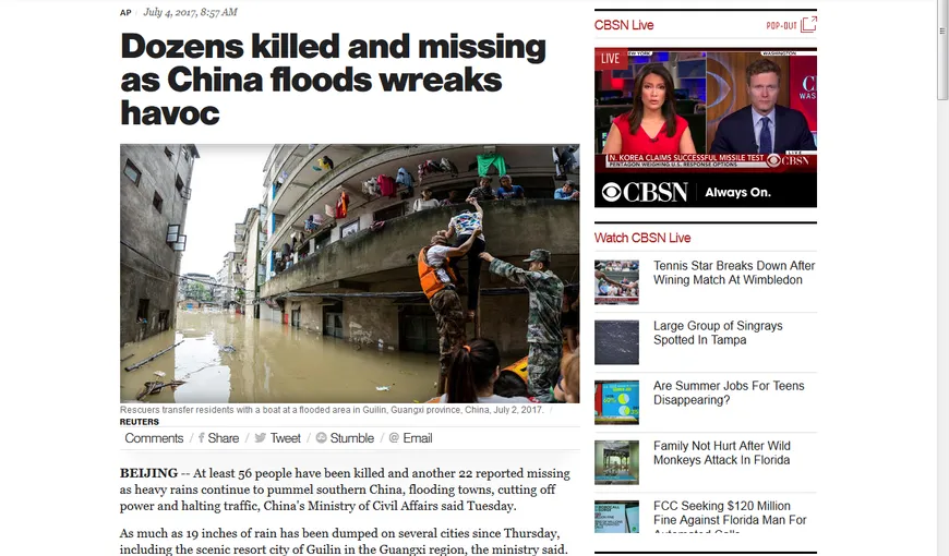 Inundaţiile din China au făcut prăpăd. Bilanţul victimelor este de 27 de morţi şi 8 dispăruţi