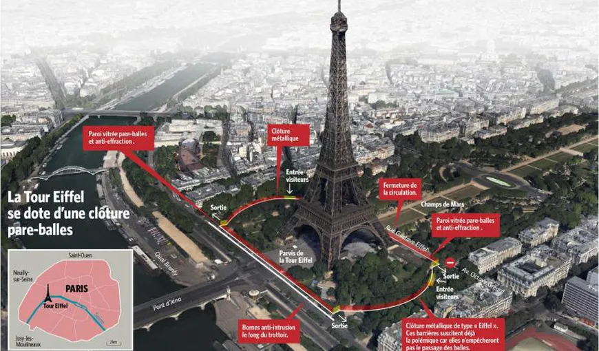 Turnul Eiffel va fi înconjurat de un zid înalt de 3,2 metri. Costă 30 de milioane de euro, iar construcţia lui a început
