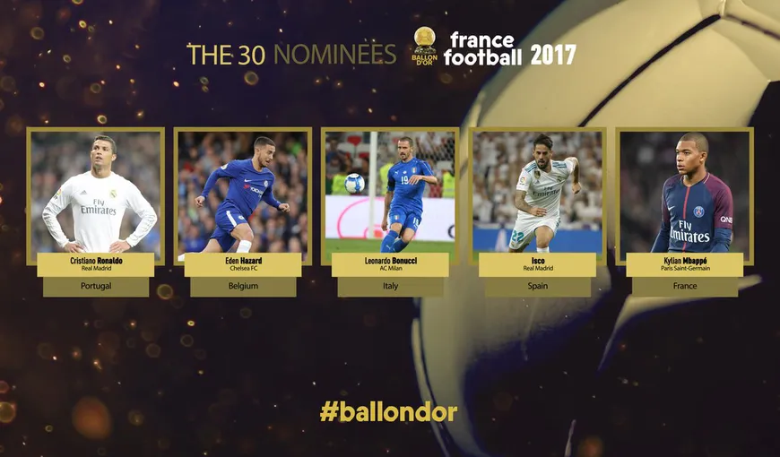 Balonul de Aur 2017. A fost anunţată lista nominalizaţilor. Cine sunt cei 30 de fotbalişti