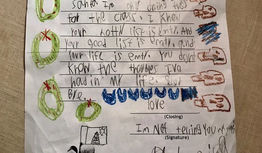 Scrisoare uluitoare pentru Moş Crăciun. Mesajul unui băiat de 6 ani, viral pe Internet: Fac acest lucru pentru şcoală