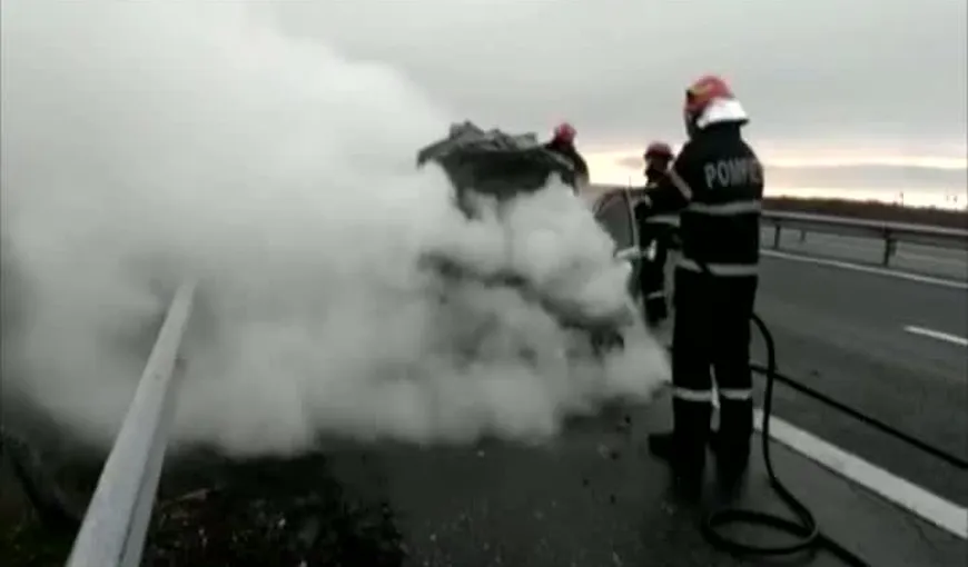 Maşină în flăcări pe Autostrada Bucureşti – Piteşti