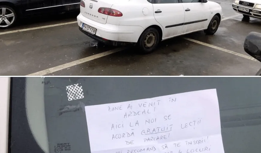 Mesaj FABULOS al unui braşovean către un prahovean care a parcat pe patru locuri. Ce bilet i-a lăsat în parbriz FOTO