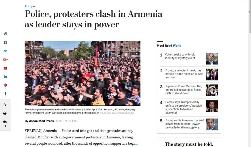 Ciocniri violente între poliţie şi protestatari, la Erevan. Manifestanţii nu îl vor la putere pe preşedintele ţării