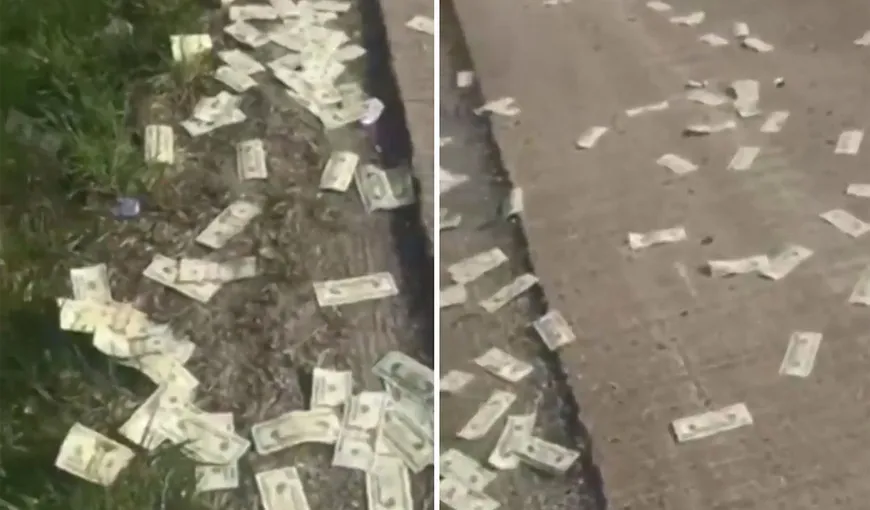 Ploaie de bani pe autostradă. Unii şi-au umplut sacoşele cu dolari VIDEO