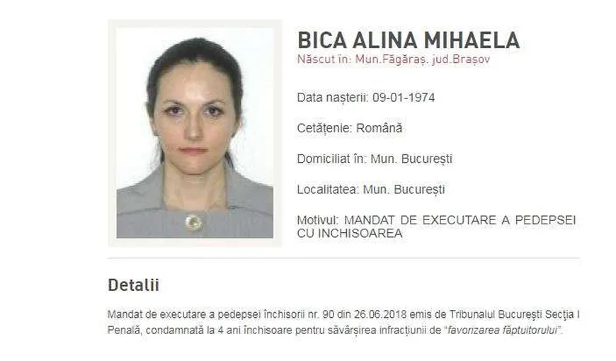 Alina Bica a fost dată oficial în urmărire generală de Poliţia Română