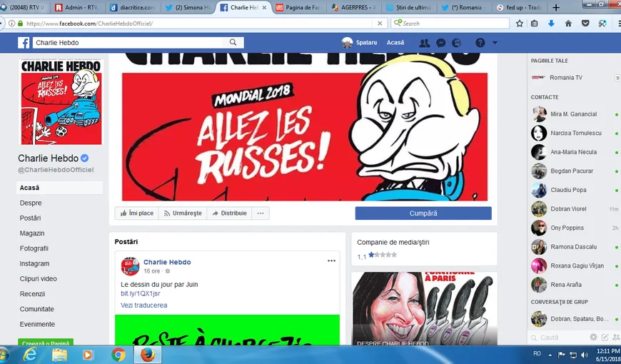 Românii au scăzut dramatic rating-ul paginii de Facebook a revistei Charlie Hebdo. Oamenii sunt furioşi din cauza caricaturii cu Halep